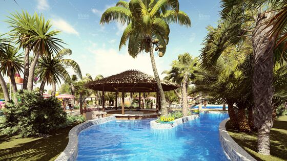 Duży ośrodek wypoczynkowy z parkiem rozrywki i zjeżdżalnią wodną z włókna szklanego